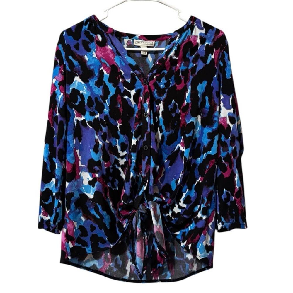 Dana Buchman Women Size‎ Medium Button Down Long Sleeve Shirt Stretch Colorful